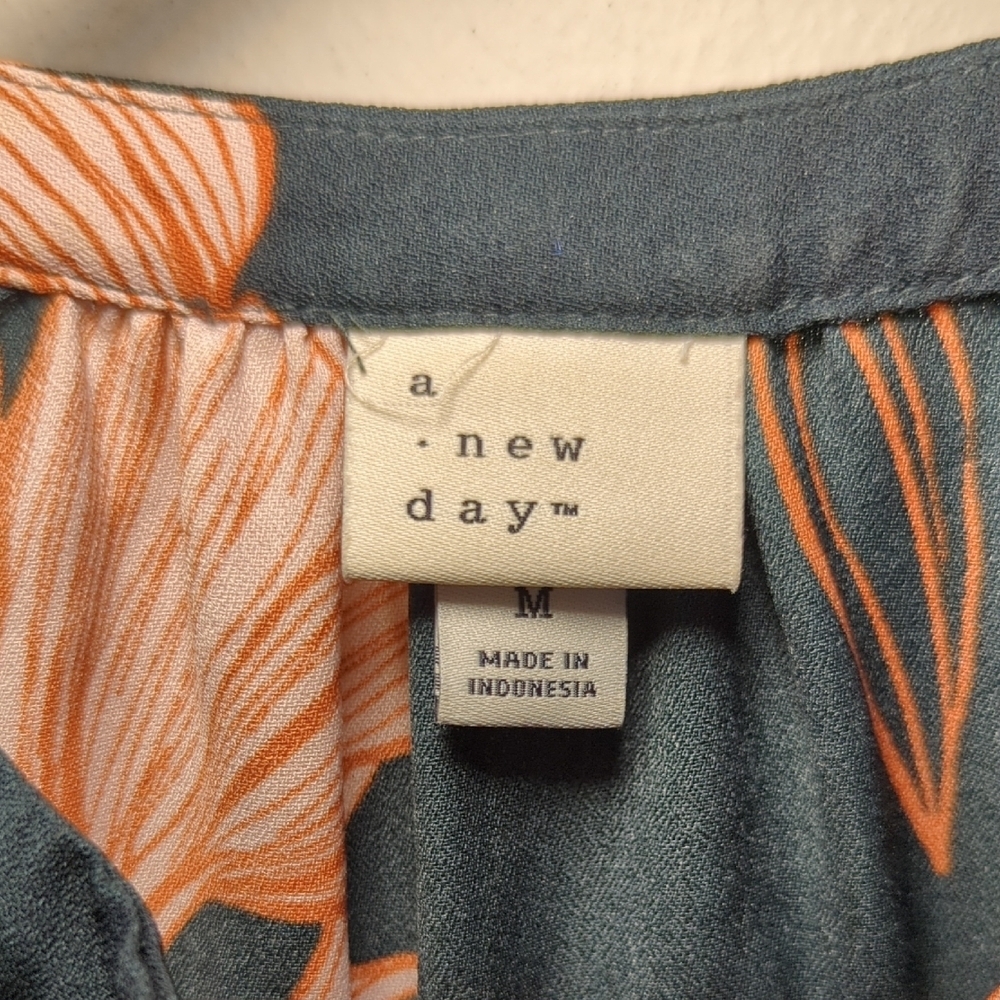 A New Day Floral Midi Dress Blue White Orange Long-Sleeve Women's Size M - Picture 2 of 5